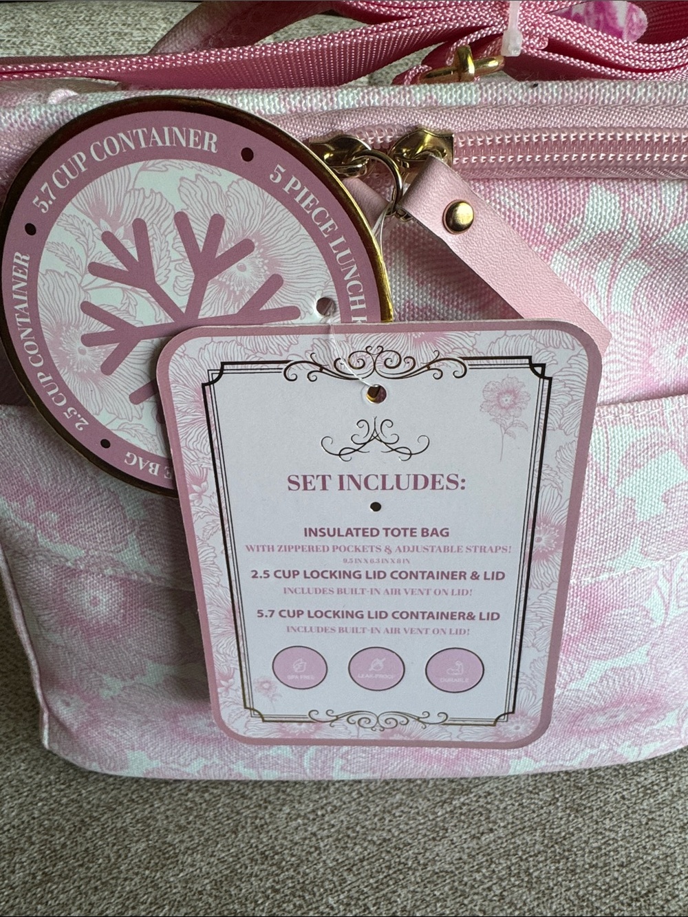 New Pink Floral Insulated Tote Lunch Kit - Picture 3 of 3